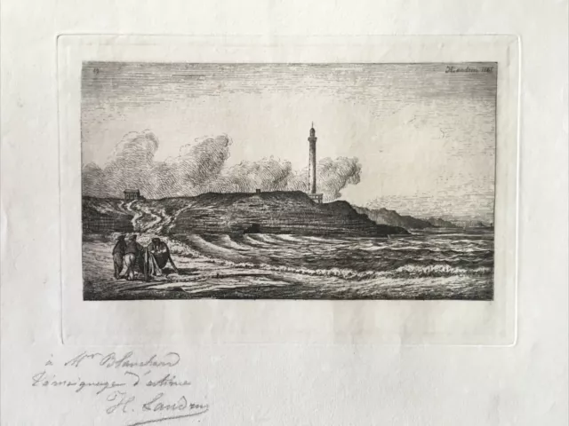 « Phare/mer/côte Basque » Eau Forte 1865, Signée : Landrin(1829-1898)+dédicace