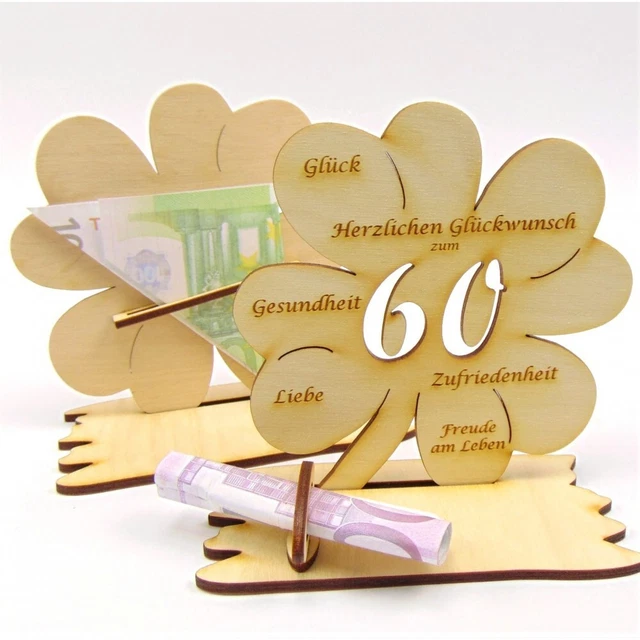 GUTSCHEIN GELDGESCHENK 60 Geburtstag Kleeblatt aus Holz mit