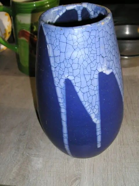 Vase Ceramique Signe - Decor Bleu Craquele - Marbre - France
