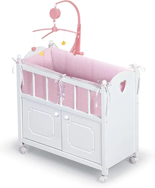Badger Basket Toy Doll Bed with Storage Cabinet, Gingham Bedding, and...