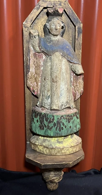 Antique Carved Polychrome Santos Virgin Mary on a gilt wood hanging shelf