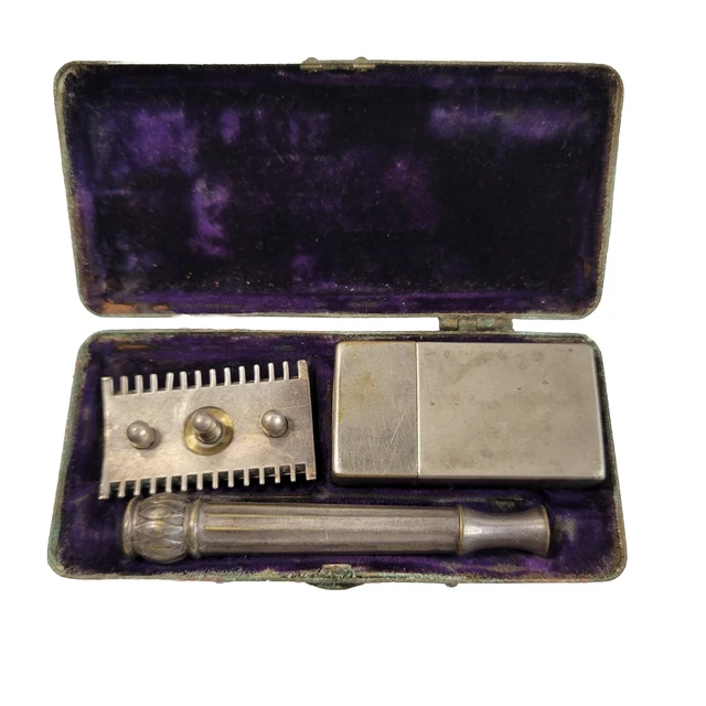 Antique Silver Plated Gillette Pocket  Razor 1900's With  Blade Box Shaving Case