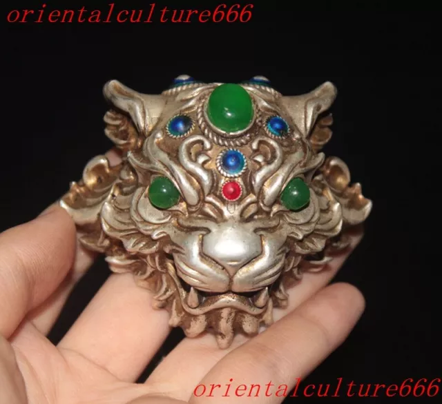 Tibetan silver Inlay gem Feng Shui Lucky tiger head amulet pendant necklace