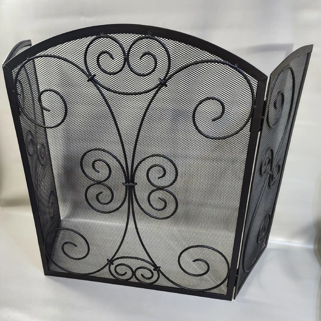 3 Panel Steel Fireplace Screen Black Iron Safety Mesh Spark Protector 30 1/2"