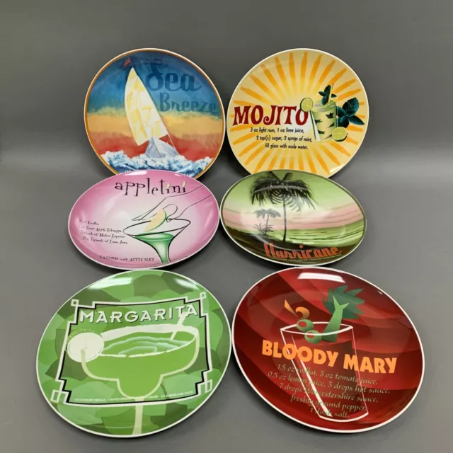 Retro Barware Assorted  Plates with Drink Cocktails Recipes 8 3/8" Lot of 6