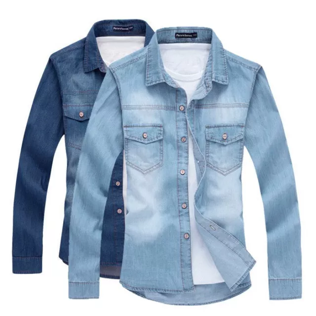 Men's Denim Shirts Long Sleeves Luxury Casual Slim Camisas Jeans Washed Shirts