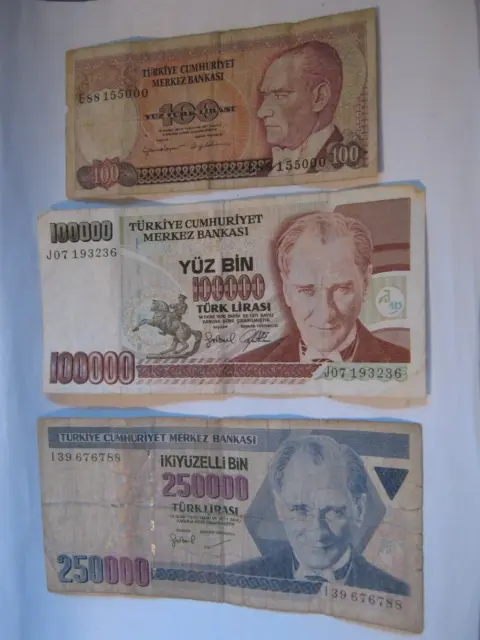 TURKEY 3 Notes, 100 Lira '84 S II P#194, 100,000 L '96 P#206 & 250,000 '98 P#211