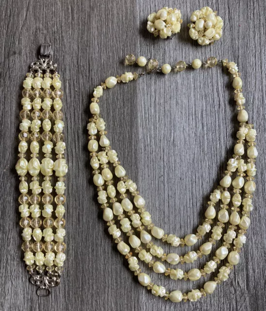 MCM VTG Necklace Bracelet Earrings 3PC Set FULL PARURE Yellow Clear Faux Pearl