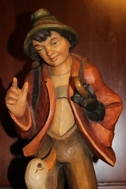 15.2" Wood Hand Carved German Boy Hiker Goose Figure Statue Sculpture Carving