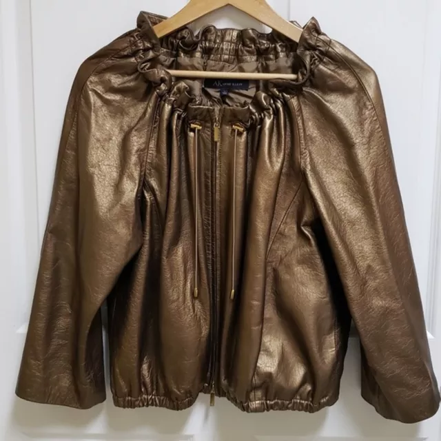 Anne Klein Jacket Women Large Bronze Leather Zip Front Toggle Neck Party Holiday