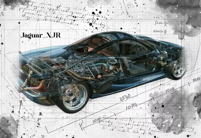 Line Tech Drawing   Jaguar_XJR   Auto Car Classic Cutaway Art Poster Print