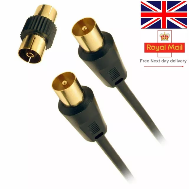 Coaxial Aerial Cable Extension BLACK TV RF Fly Lead Male to Male GOLD 1m - 10m