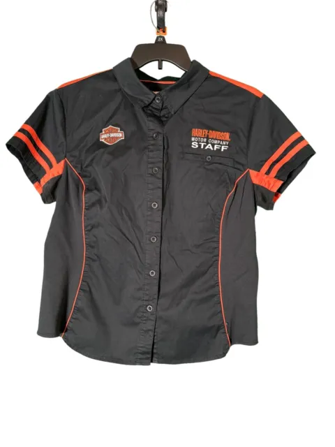 Vintage Harley Davidson Staff 2XL Black Orange Embroidered Button Down Shirt