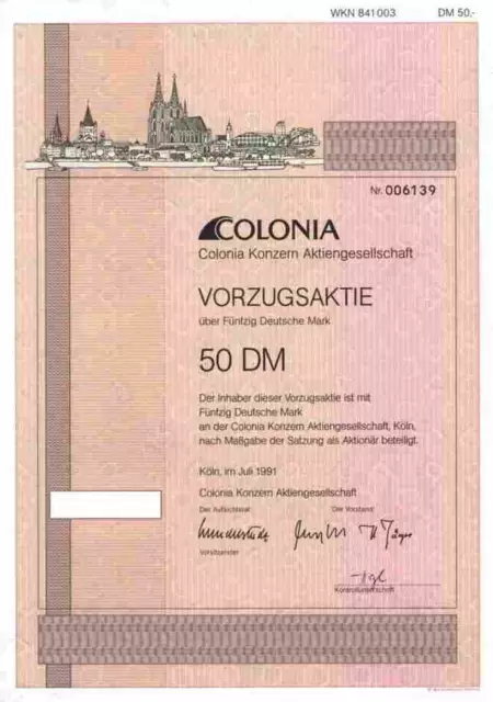 COLONIA Konzern AG Versicherung 1991 Köln AXA Sal. Oppenheim 50 DM Vorzugsaktie
