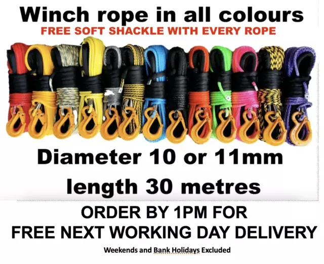 Synthetic winch rope Dyneema choice of size  10 or 11mm Free Soft Shackle UHMwPE 2