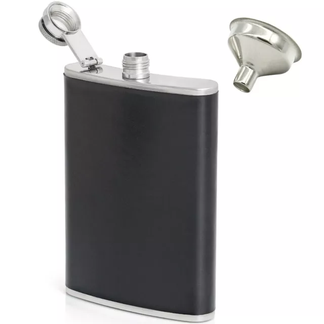 8oz Flask Black Vegan Leather Wrap Stainless Steel Screw Cap Hip Pocket + Funnel
