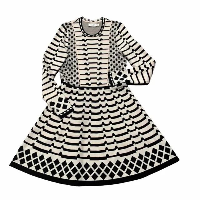 Eliza J Dress Womens Large Stripe Geo Print Fit & Flare Knit Sweater Long Sleeve