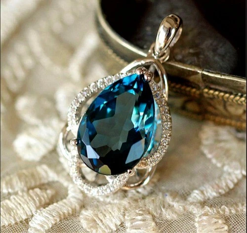 3ct Pear Cut Lab Created London Blue Topaz  Drop Pendant 14K White Gold Finish