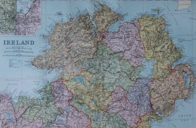 1908 large map of Ireland (North). 115 years old. Antique original. Belfast.