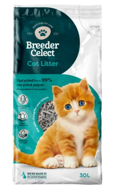 BREEDER CELECT CAT LITTER ABSORBENT RECYCLED PAPER PELLETS BIODEGRADABLE 30 l