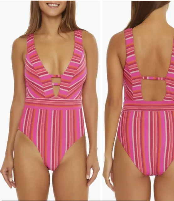 New Trina Turk Mari Pink Striped Plunge Neck One-Piece Swimsuit SZ 14