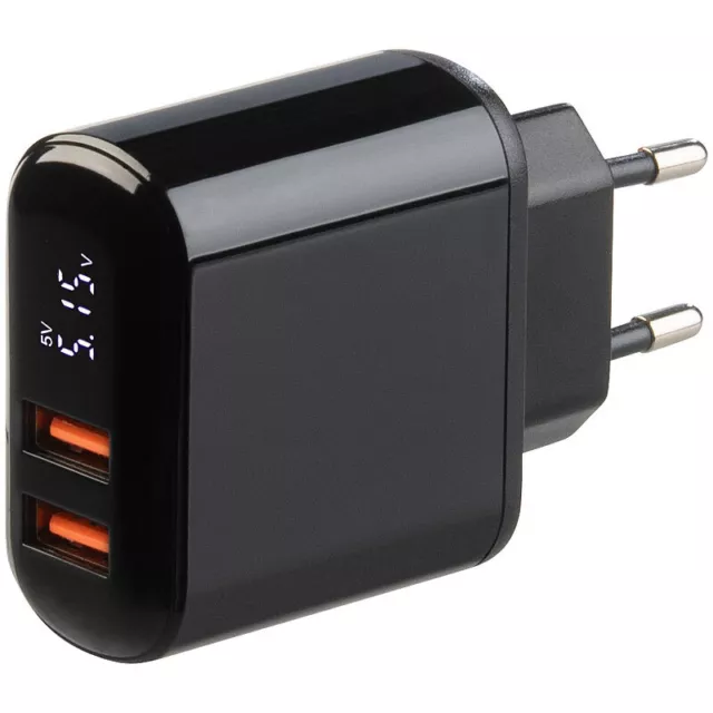 revolt 2-Port-USB-Netzteil mit 2x USB-A, Quick Charge & Display, 18W, schwarz