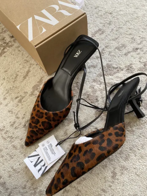 New zara womens leopard print calf hair leather mule heels 6.5 US