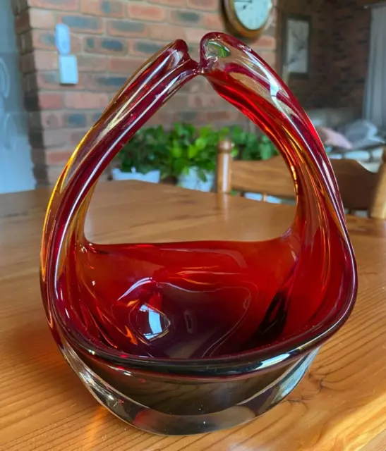 Vintage  Red Murano Sommerso Italian Handmade Art Glass Basket Bowl 1970s