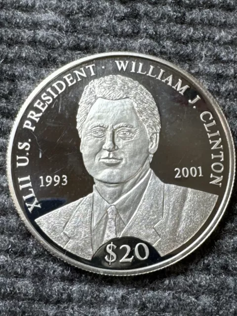 LIBERIA REP. 2000 Silver Coin (.999) $20 US President WILLIAM J. CLINTON 20 g.