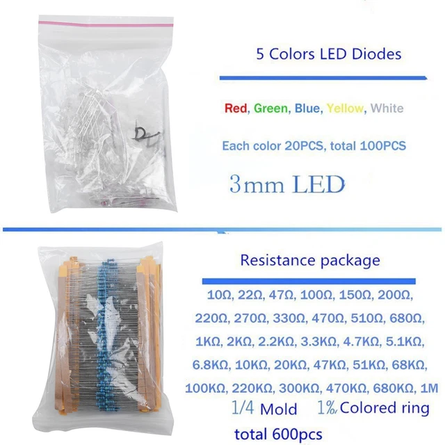1390pcs / Set Elettronico Componente LED Diodo Transistore Condensatori Kit