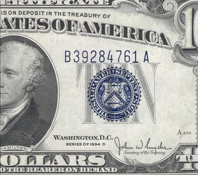 ✪ 1934-D $10 SILVER CERTIFICATE *BLUE SEAL* AU Fr 1705 284761
