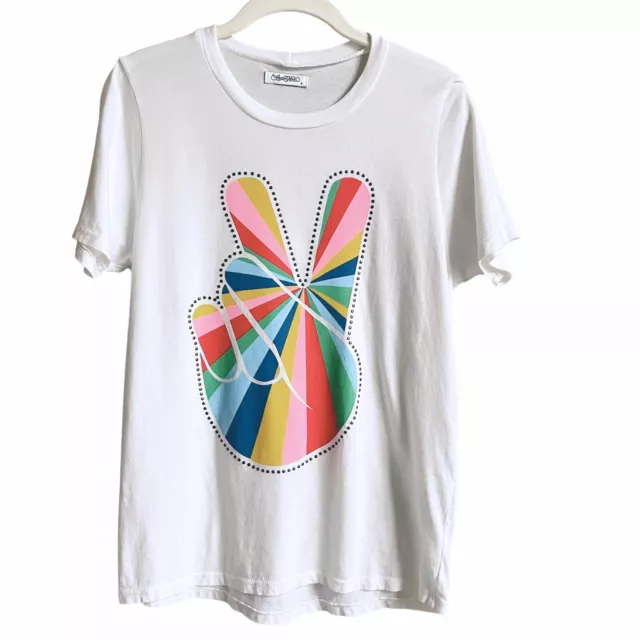 Lauren Moshi Croft Studded Stripe Peace Tee Shirt White Size Small Rainbow Metal