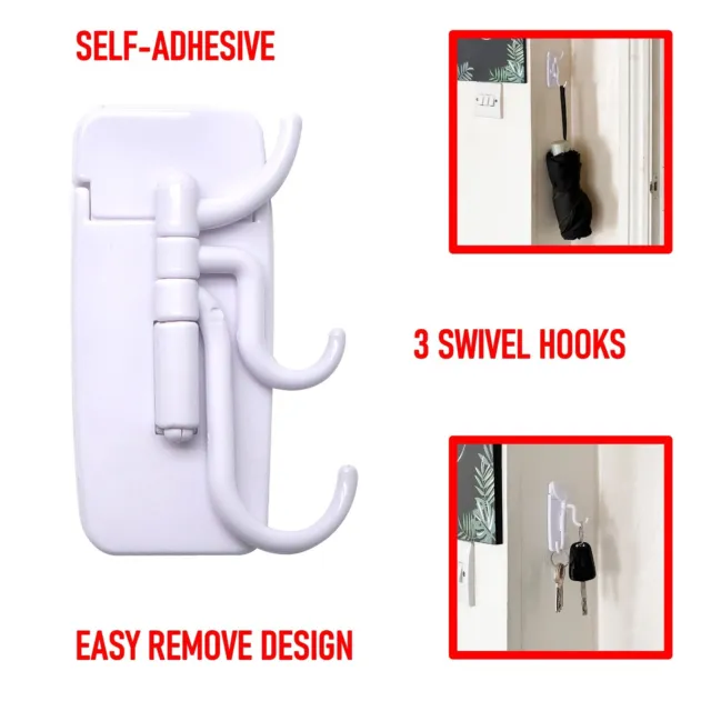3 Hanging Hooks with Swivel Arms Self-Adhesive Removable Hanger Kitchen Peg Keys