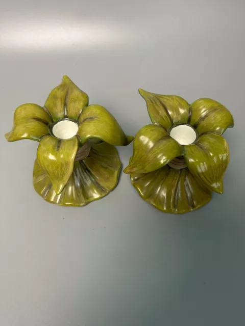 Department 56 Pair Of Green Leaf Accent Taper Candle Holders 3.5"
