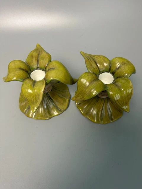 Department 56 Pair Of Green Leaf Accent Taper Candle Holders 3.5"