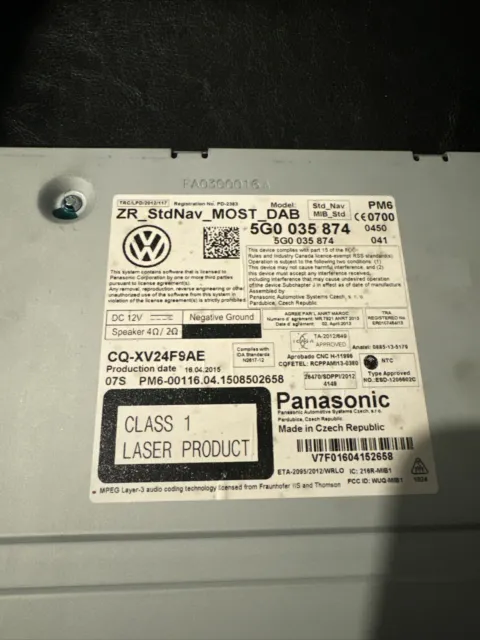 GENUINE VW GOLF Mk7 SAT NAV SD Card DAB MMI Control Unit PANASONIC 5G0035874