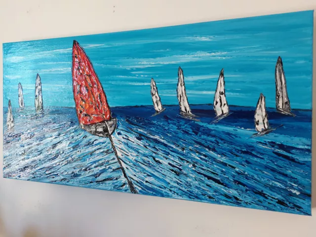 QUADRO MODERNO ASTRATTO DIPINTO A MANO REGATA VELA MATERICO 40x80x4cm  RIF124