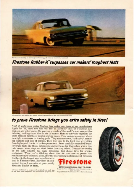 1959 Firestone Rubber-X Tires Skidding Braking Test Stopping Safety Print Ad