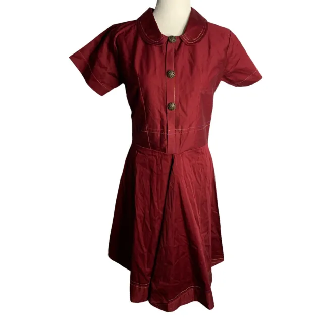 Handmade Retro Shirt Swing Dress S Maroon Red Peter Pan Collar Buttons Zipper