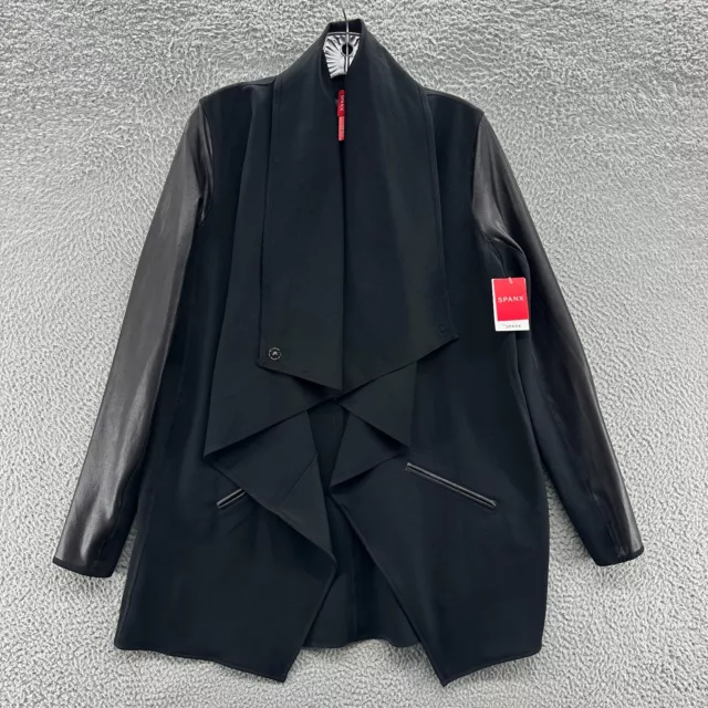 Spanx Jacket Womens M Black Faux Leather Long Sleeve Cardigan Drape Front Jacket