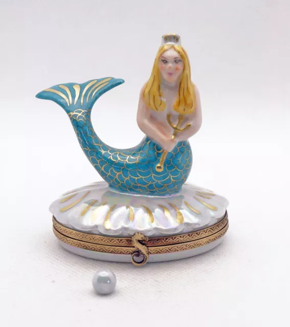 NEW FRENCH LIMOGES Trinket Box Mermaid on Clam Shell Pearl Inside ...