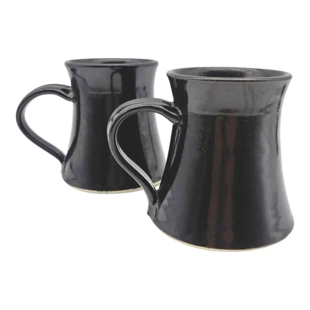 Handmade Signed Pottery Coffee Mug Pair - 12oz Solid Black Flared Stoneware