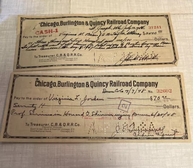(2) 1948 Chicago Burlington Quincy Railroad Company Cancelled CheckS 4 CLAIMS