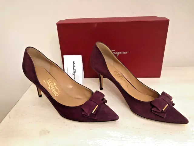 Salvatore Ferragamo Rietta Red Suede Pumps Heels w/Bow & Gold Hardware Size 9B