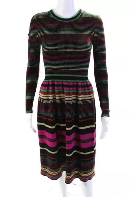 Trina Turk Women Crew Neck Metallic Knit Striped Sweater Dress Black Multi Small