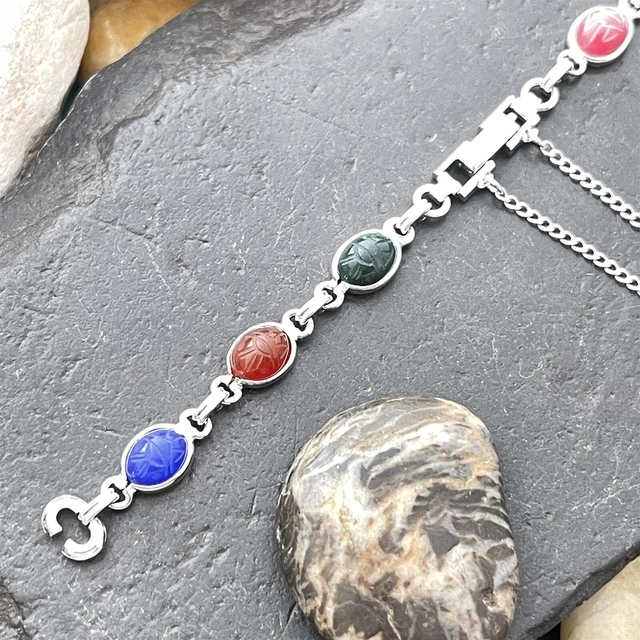 rare Carved Stone Scarab & White Gold-Filled Womens 1960s Vintage Watch Band