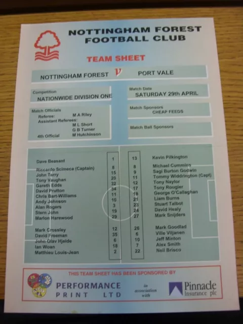 29/04/2000 Colour Teamsheet: Nottingham Forest v Port Vale  (Folded). Thanks for