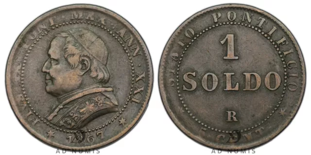 Vatican 1 Soldo 1867 R Pope Pie Ix Copper coin