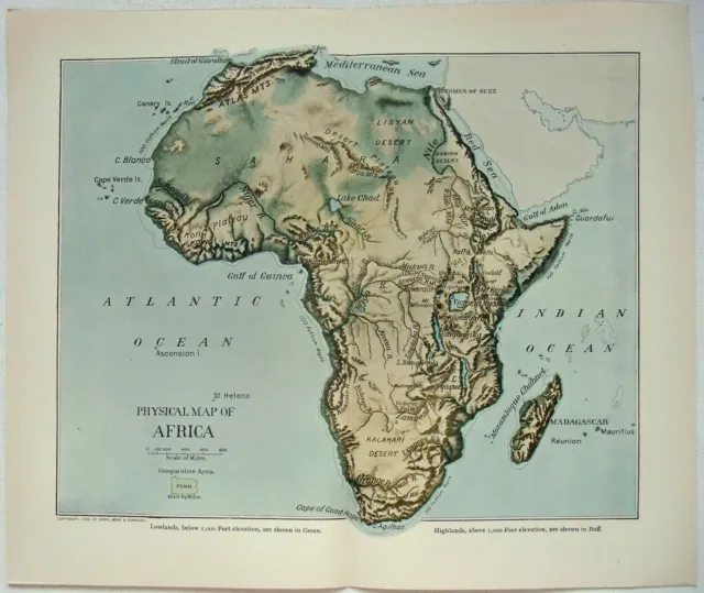 Original 1903 Physical Map of Africa by Dodd Mead & Company. Antique