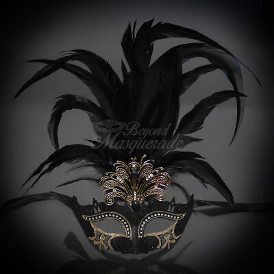 Feather Venetian Masquerade Mask for Women M33136 Royal Black/Gold